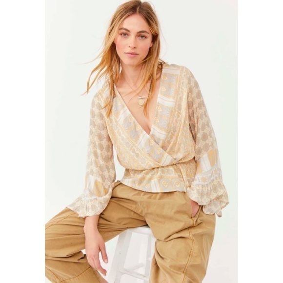 FREE PEOPLE Rosalie Wrap Top Antique Combo Geometric Tile Floral Print Small - Picture 12 of 16